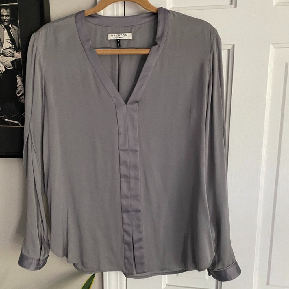 Halston Heritage Grey Silk Long Sleeved Blouse